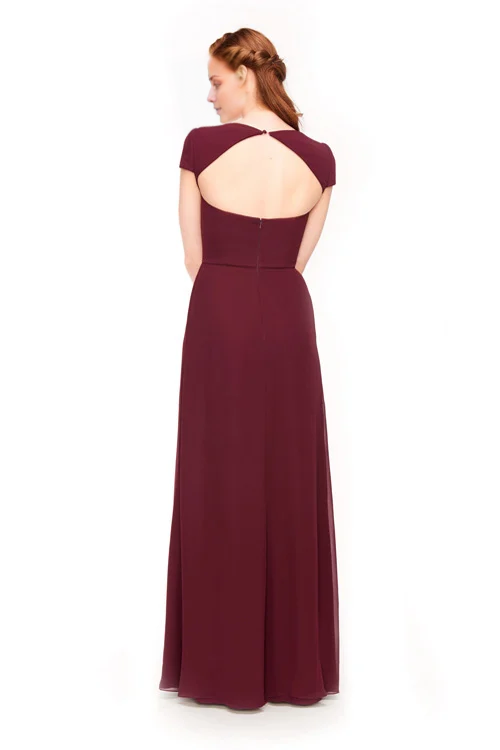 Jimiss V-neck short sleeved backless and floor length Prom dress